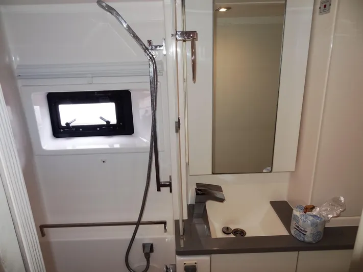 Meow Or Never Yacht Photos Pics Modern bathroom in 2020 Leopard 45 yacht with shower and sink.