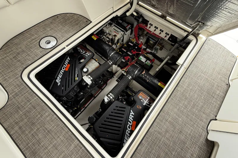 Houligan's Haven Yacht Photos Pics 2004 Cruisers 370 Express engine compartment with dual Mercury engines.