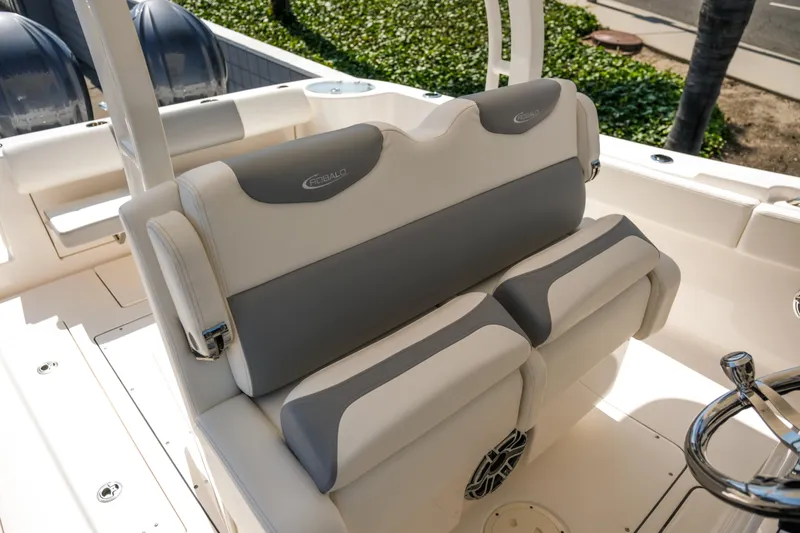 Elixir Yacht Photos Pics 2023 Robalo R302 Center Console boat seating with gray and white upholstery.