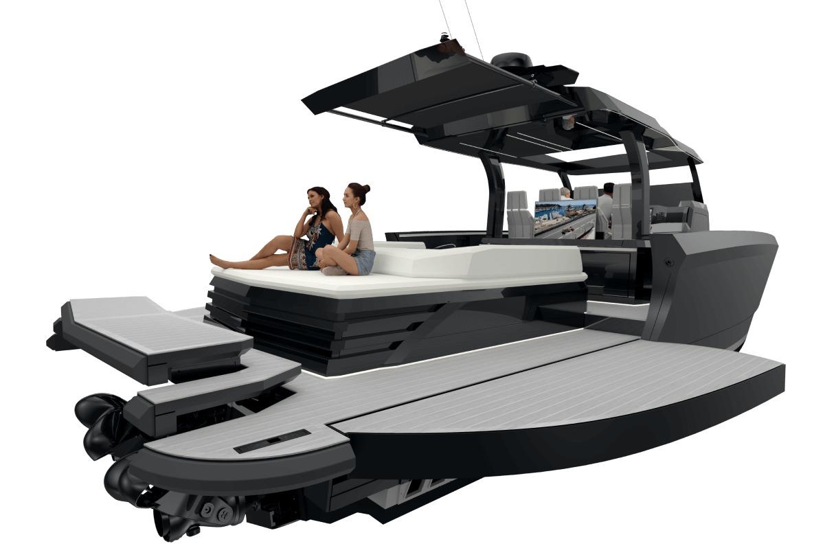 Luxury ECLIPSE Saros 50 yacht, 2025 model, featuring sleek design and spacious lounging area.