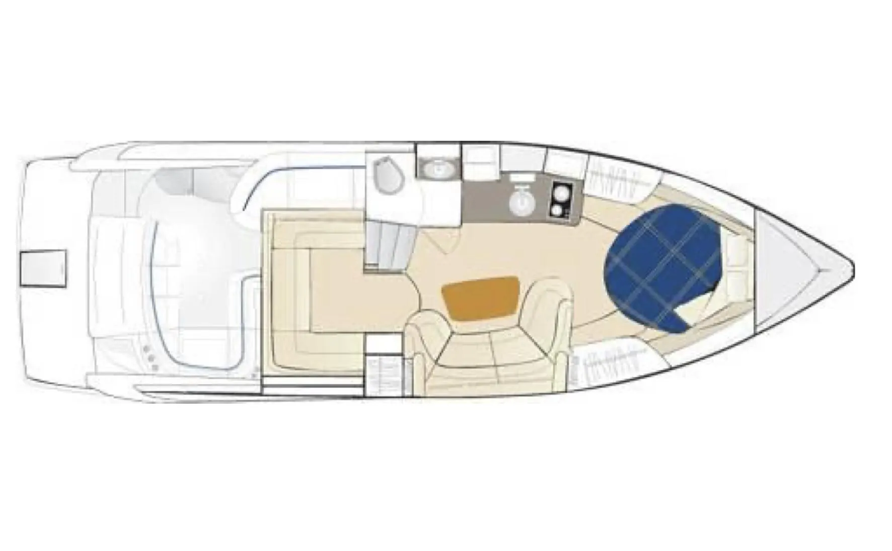 2003 Formula 37 PC yacht interior layout with seating, kitchenette, and sleeping area.