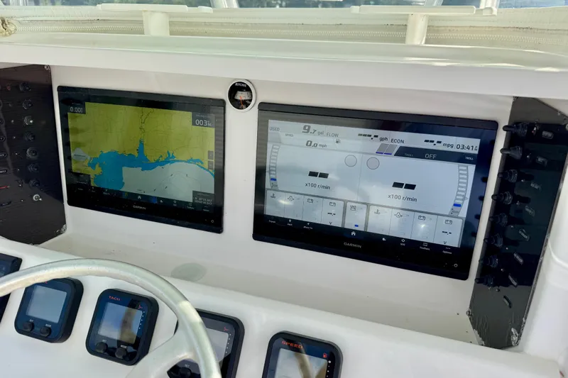  Yacht Photos Pics Boat dashboard with dual Garmin displays on a 2010 Venture 34 Tournament.