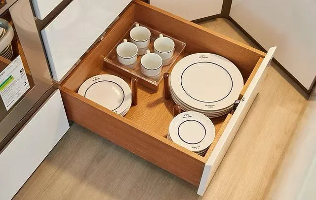  Yacht Photos Pics Kitchen drawer with neatly organized plates and cups, Schaefer 660, 2025 model.