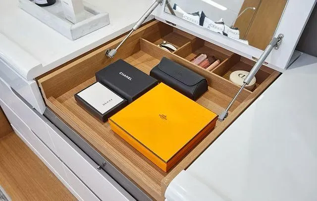  Yacht Photos Pics Luxury vanity drawer with designer boxes and accessories, Schaefer 660, 2025 model.