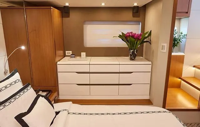  Yacht Photos Pics Luxurious Schaefer 660 yacht bedroom interior with modern decor and elegant furnishings, 2025 model.