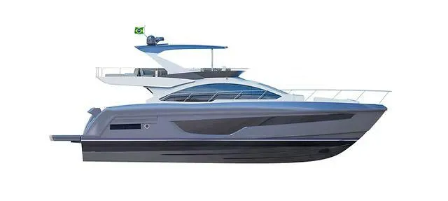  Yacht Photos Pics Schaefer 660 yacht, 2025 model, sleek design with Brazilian flag, side view.