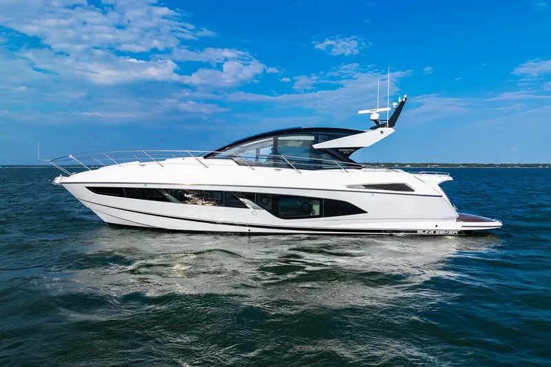 Andielaine IV Yacht Photos Pics Luxury Sunseeker 60 Evo yacht cruising on open water, 2021 model.
