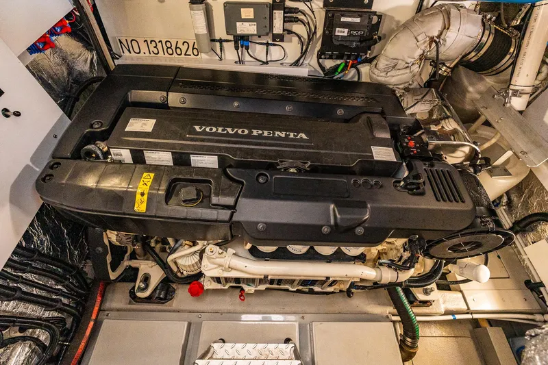 Andielaine IV Yacht Photos Pics Engine room of 2021 Sunseeker 60 Evo yacht featuring Volvo Penta engine.