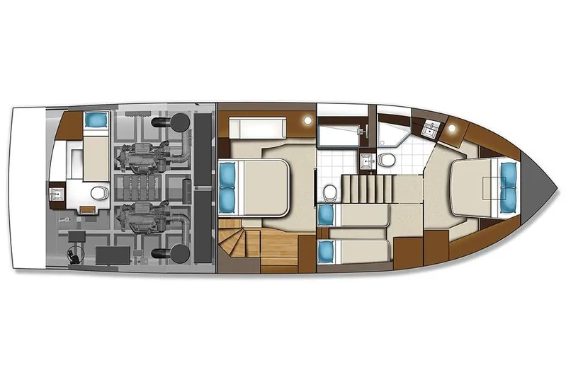Play Craft Yacht Photos Pics Floor plan of 2018 Carver C52 Flybridge yacht, showing engine room and cabin layout.