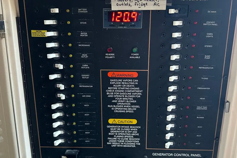 Triple Threat Yacht Photos Pics Electrical control panel on a 2008 Grady-White Express 330 boat.