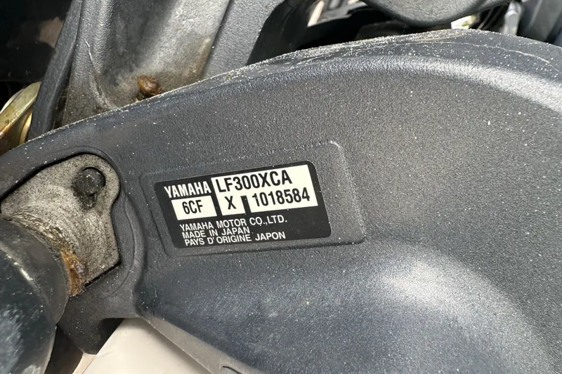 Triple Threat Yacht Photos Pics Yamaha LF300XCA engine label on 2008 Grady-White Express 330 boat.