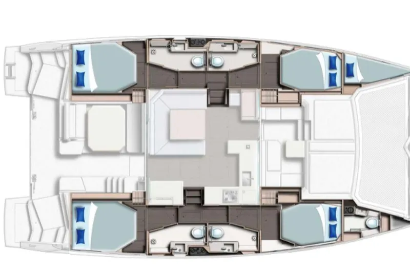 Nice Aft Too Yacht Photos Pics Floor plan of a 2018 Leopard 45 catamaran, featuring cabins and living areas.