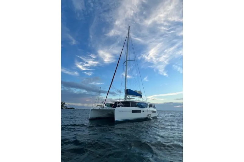Nice Aft Too Yacht Photos Pics 2018 Leopard 45 catamaran sailing on open water under a vibrant sky.