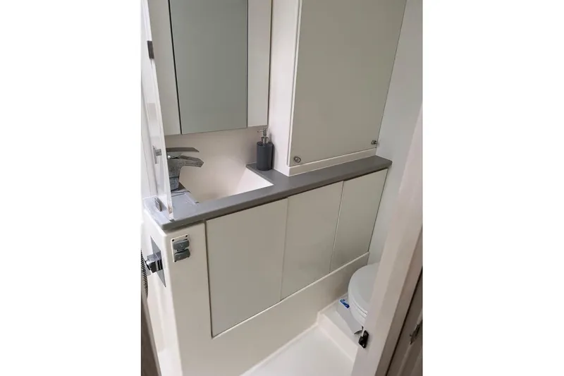 Nice Aft Too Yacht Photos Pics Modern bathroom in 2018 Leopard 45 yacht with sleek fixtures and storage.