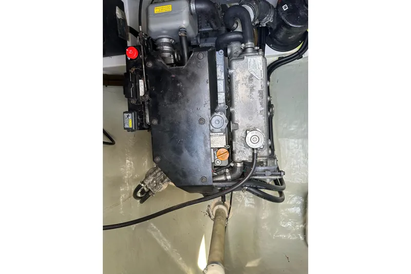 Nice Aft Too Yacht Photos Pics Engine compartment of a 2018 Leopard 45 catamaran, showcasing mechanical components.