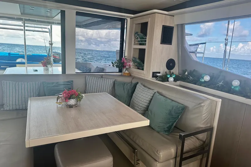 Nice Aft Too Yacht Photos Pics Luxurious interior of 2018 Leopard 45 yacht with ocean view and elegant decor.