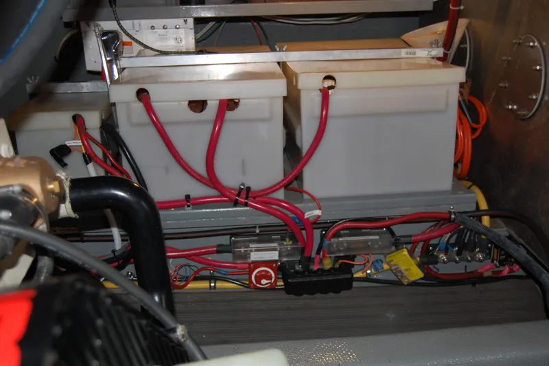  Yacht Photos Pics Engine room of 1981 Willard Marine Pilot House Trawler with battery setup and wiring.