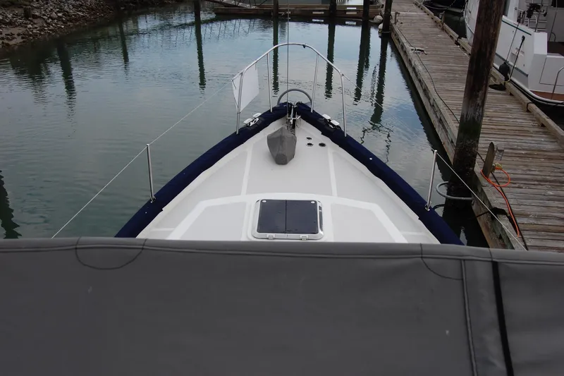  Yacht Photos Pics 1981 Willard Marine Pilot House Trawler docked at a marina, viewed from above.