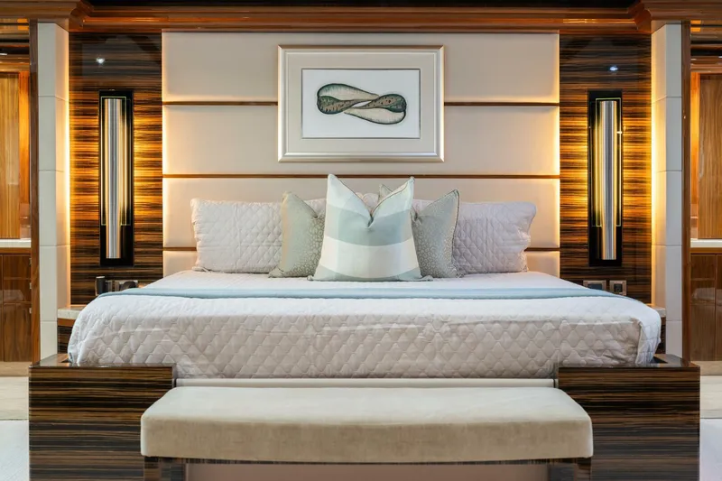 Mesmerize Yacht Photos Pics Luxurious bedroom interior on 2013 Hargrave 125 Raised Pilothouse yacht.