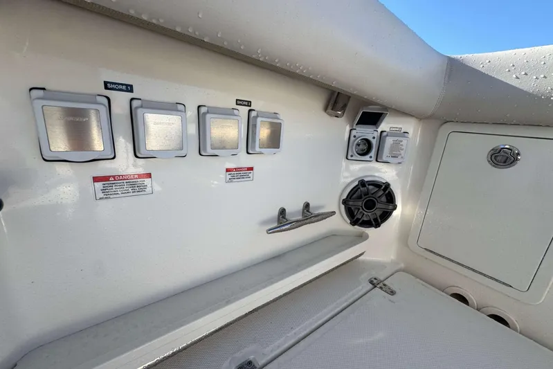 True Story Yacht Photos Pics Boston Whaler 380 Realm 2022 boat electrical panel and speaker detail.