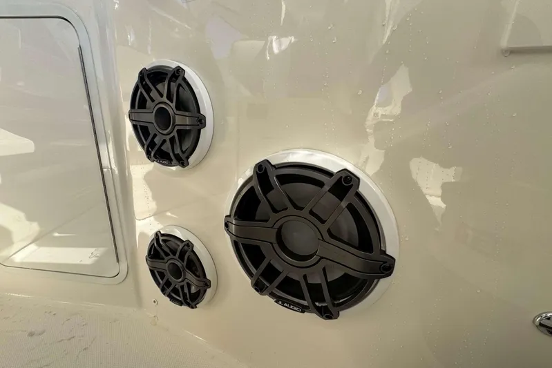 True Story Yacht Photos Pics Speakers on a 2022 Boston Whaler 380 Realm boat, showcasing marine audio system.
