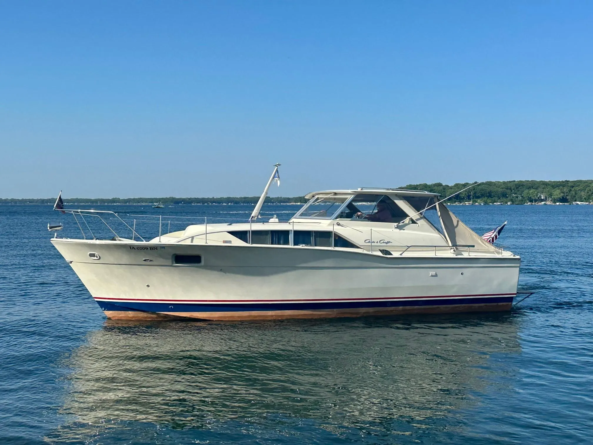 1968 Chris-Craft 35 Commander on calm water.
