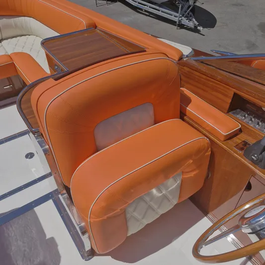  Yacht Photos Pics Luxurious orange leather seating on 2010 J Craft Torpedo 42 yacht interior.