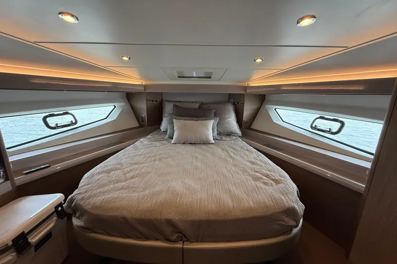 On My Way Yacht Photos Pics Luxurious bedroom interior of 2018 Beneteau Gran Turismo 50 yacht with elegant bedding.