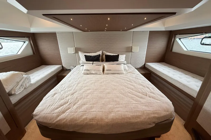 On My Way Yacht Photos Pics Luxurious bedroom interior of 2018 Beneteau Gran Turismo 50 yacht with elegant bedding.