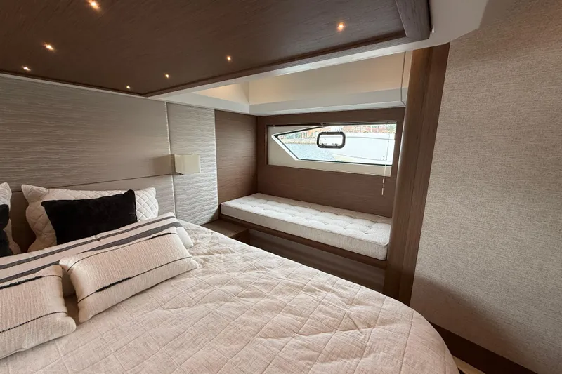 On My Way Yacht Photos Pics Luxurious bedroom interior of 2018 Beneteau Gran Turismo 50 yacht with elegant bedding.