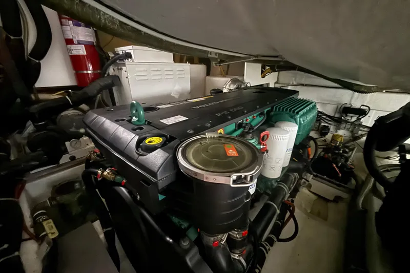 On My Way Yacht Photos Pics Engine room of 2018 Beneteau Gran Turismo 50 yacht, featuring a Volvo Penta engine.