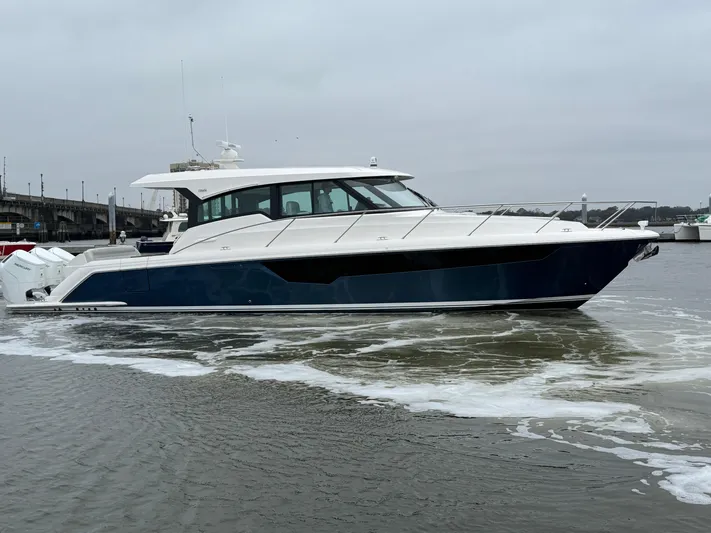 Hail Mary Yacht Photos Pics 2024 Tiara Yachts 48 LE cruising on a cloudy day.
