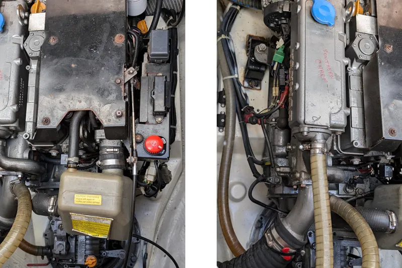  Yacht Photos Pics Engine components of a 2015 Lagoon 450 catamaran, showcasing intricate mechanical details.