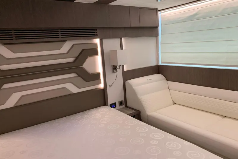  Yacht Photos Pics Luxurious interior of 2019 Galeon 500 Fly yacht with modern design and comfortable seating.