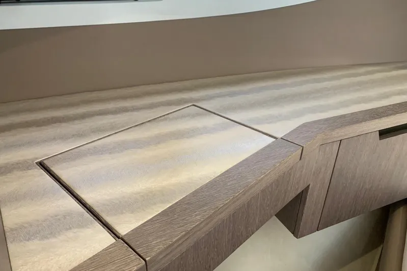 Yacht Photos Pics Interior detail of 2019 Galeon 500 Fly yacht, featuring sleek wooden cabinetry design.