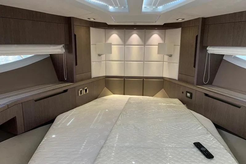  Yacht Photos Pics Luxurious interior of 2019 Galeon 500 Fly yacht with modern design and ambient lighting.
