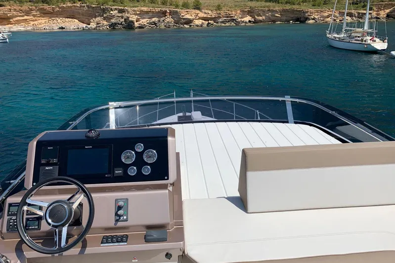  Yacht Photos Pics 2019 Galeon 500 Fly yacht helm with scenic ocean view.