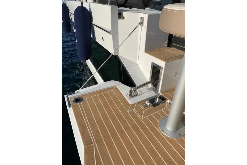  Yacht Photos Pics 2019 Galeon 500 Fly yacht deck with wooden flooring and safety features.
