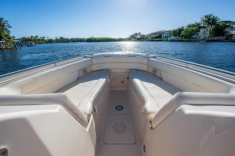Sundae Funday Yacht Photos Pics 2017 Grady-White Freedom 307 boat interior with scenic water view.