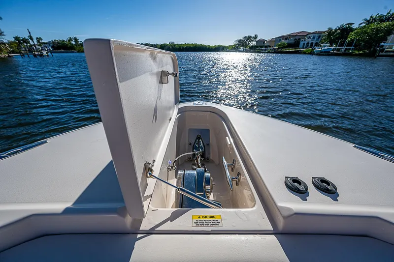 Sundae Funday Yacht Photos Pics 2017 Grady-White Freedom 307 boat with open anchor hatch on a sunny day.
