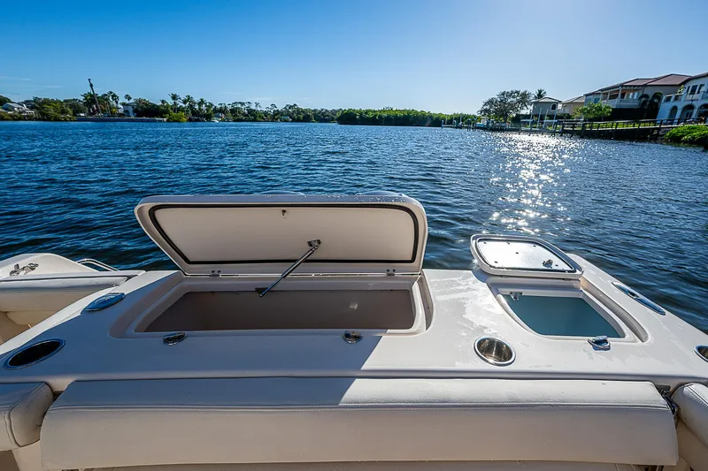 Sundae Funday Yacht Photos Pics 2017 Grady-White Freedom 307 boat with open storage, scenic waterfront view.