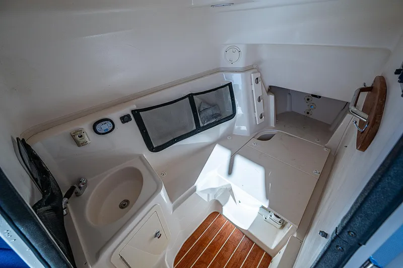 Sundae Funday Yacht Photos Pics 2017 Grady-White Freedom 307 cabin interior with sink and storage compartments.
