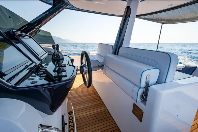  Yacht Photos Pics 2025 Apreamare GOZZO 35 yacht cockpit with modern controls and ocean view.