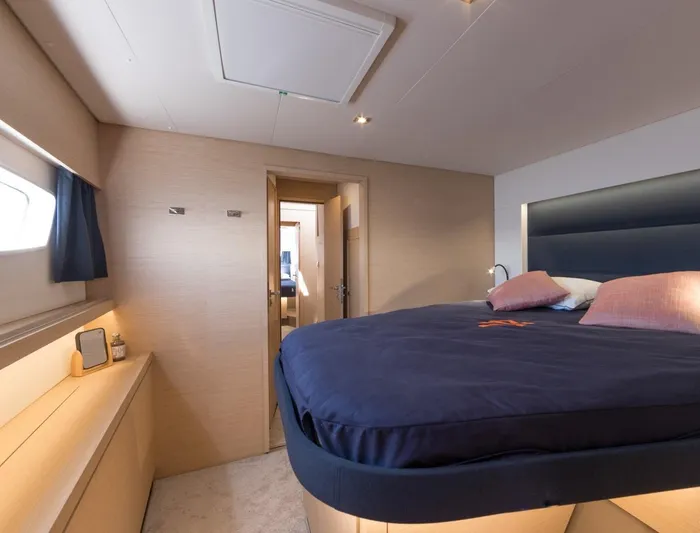  Yacht Photos Pics Luxurious bedroom interior of 2023 Fountaine Pajot Tanna 47 yacht.