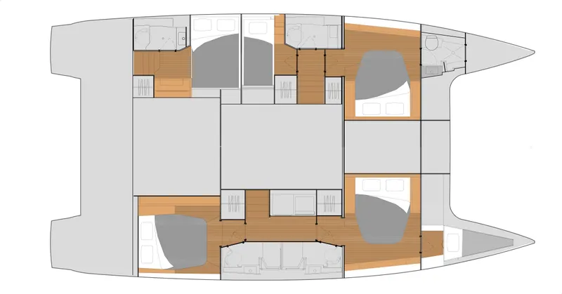  Yacht Photos Pics Floor plan of 2023 Fountaine Pajot Tanna 47 catamaran, showcasing cabin and layout design.