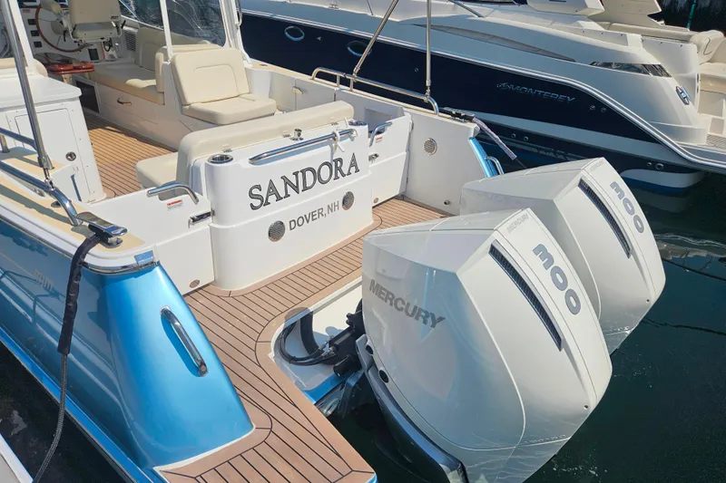 Sandora Yacht Photos Pics 2023 MJM 35 boat with twin Mercury 300 engines, docked in Dover, NH.