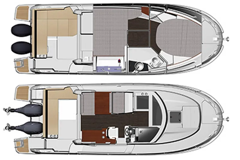 Iffin Yacht Photos Pics 2018 Jeanneau NC 895 boat layout with dual engines, interior cabins, and seating areas.
