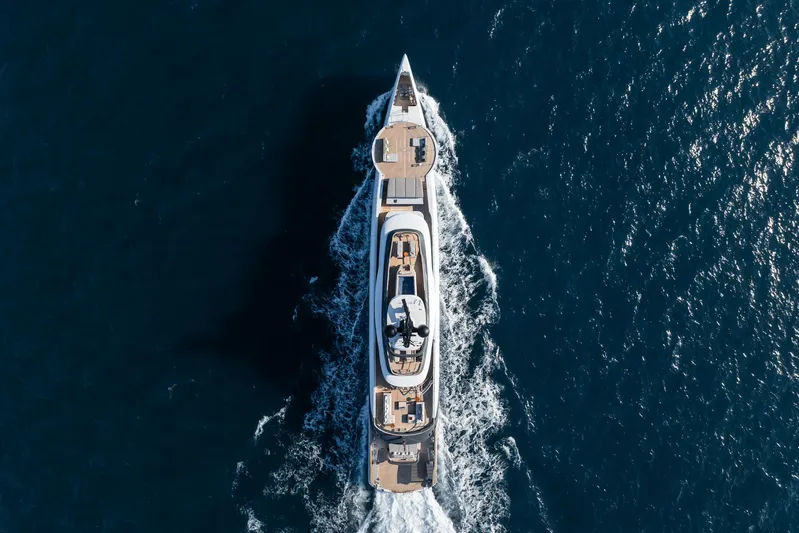 Silver Star I Yacht Photos Pics Aerial view of 2023 Admiral 55 S-Force yacht cruising on open sea.