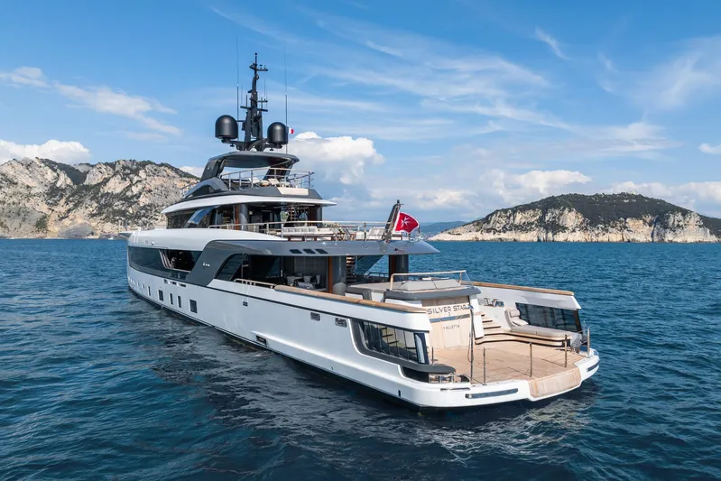 Silver Star I Yacht Photos Pics Luxury Admiral 55 S-Force yacht cruising in scenic ocean, 2023 model.