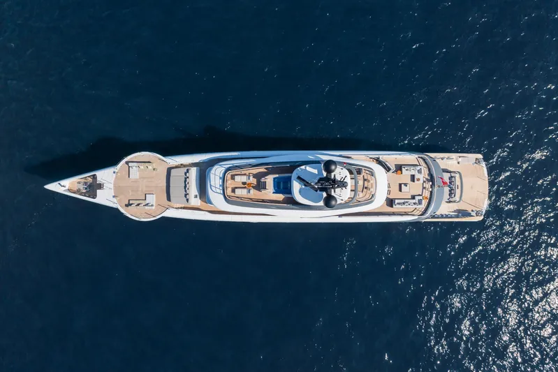 Silver Star I Yacht Photos Pics Aerial view of 2023 Admiral 55 S-Force yacht on open sea.